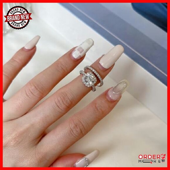 Platinum Plated Silver Moissanite Bridal Set Ring Size 8.5 - Picture 4 of 8